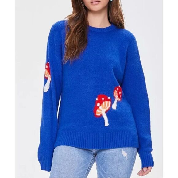 Forever 21 NWT Royal Blue Mashroom Sweater oversized sz S - Picture 1 of 5